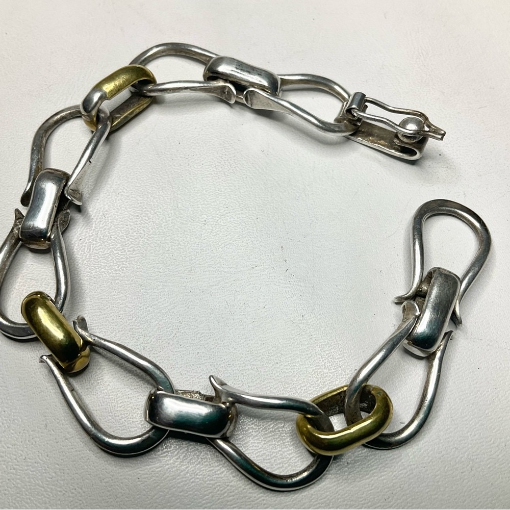 Heavy Sterling Silver Bracelet Stirrup Motif Brass Accent Links